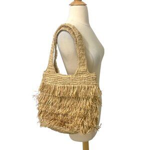 Lusana Anthropologie NWOT Fringe Raffia Tote Shoulder Bag Woven Straw Beach Boho